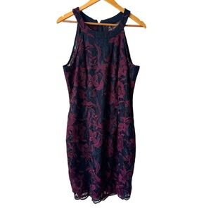 NWT Vintage Le Chateau Floral Lace Sleeveless Dress Burgundy Navy Women's 18
